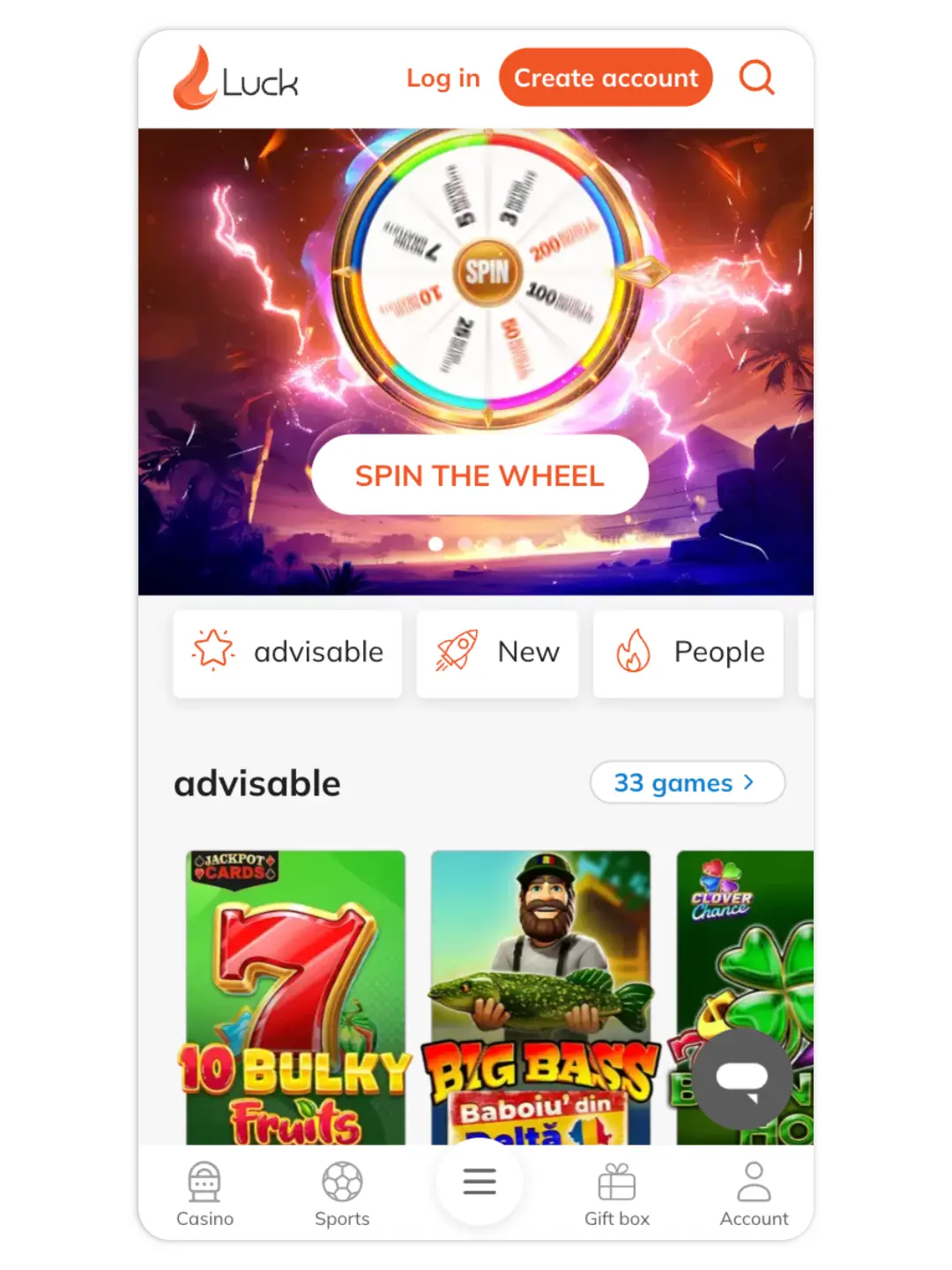 Mobile app Luck casino interface